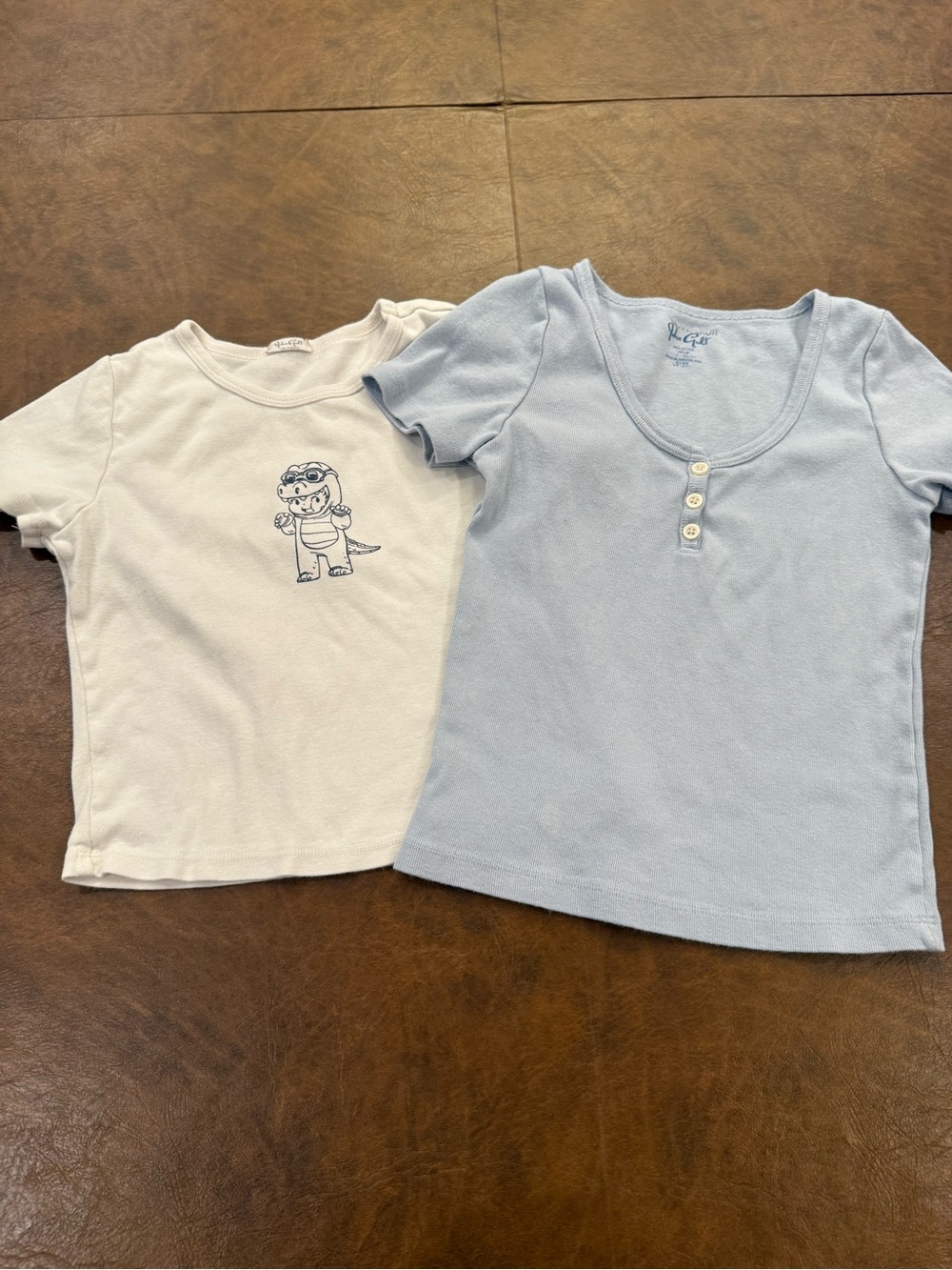 Brandy Melville Light Blue Henley & Cream Dino Graphic Tees John Galt 100%Cotton